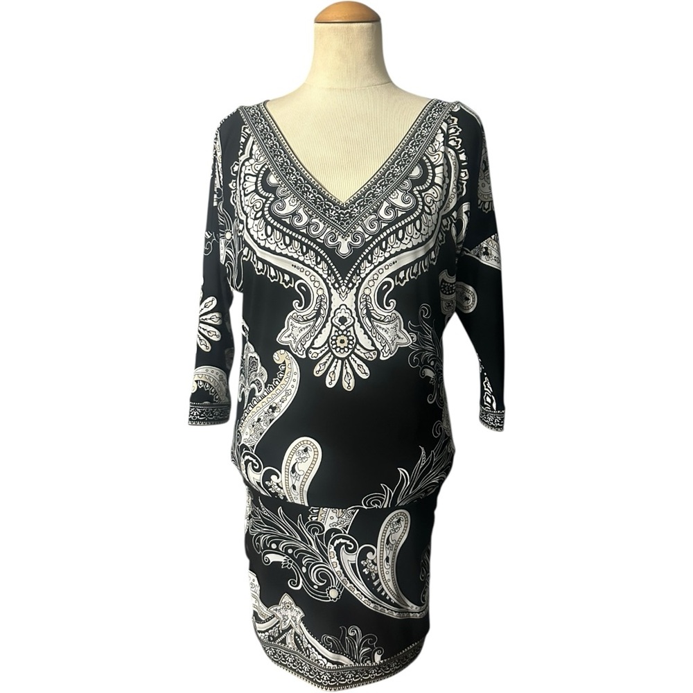 WHBM Paisley 3/4 Sleeve Mini Dress Black White Size XS